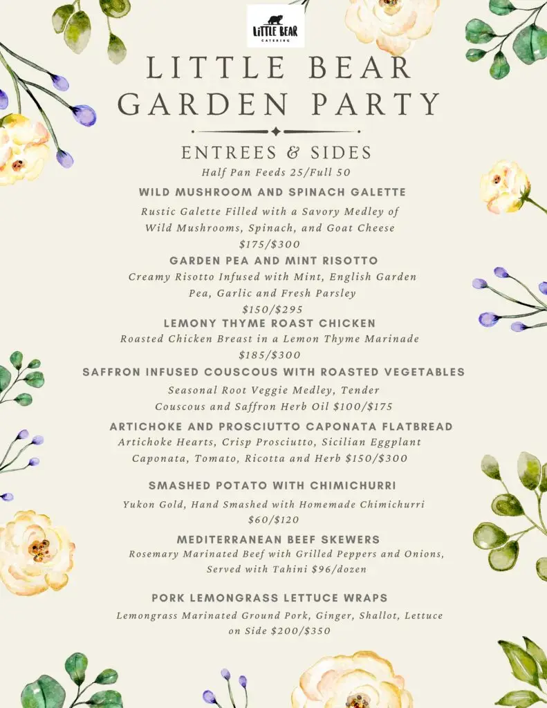 Little Bear Catering Garden Party Menu, Entrees & Sides