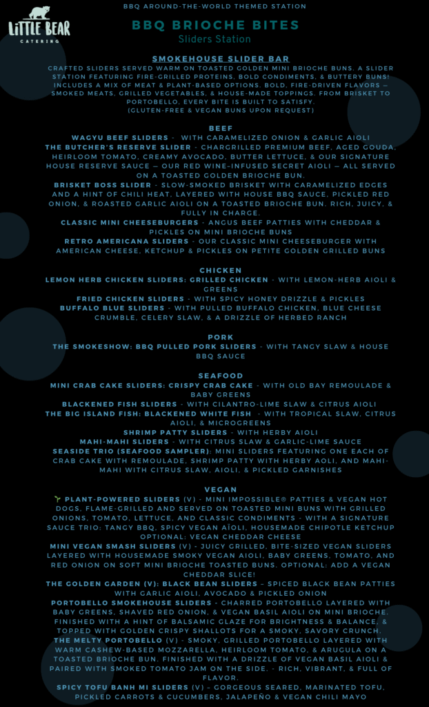 Little Bear Catering BBQ Mains Bites Menu, Sliders, p 7, 2025
