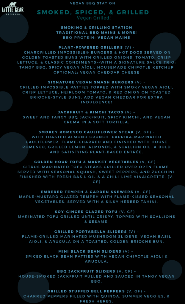 Little Bear Catering BBQ Mains Bites Menu, Vegan, p 5, 2025