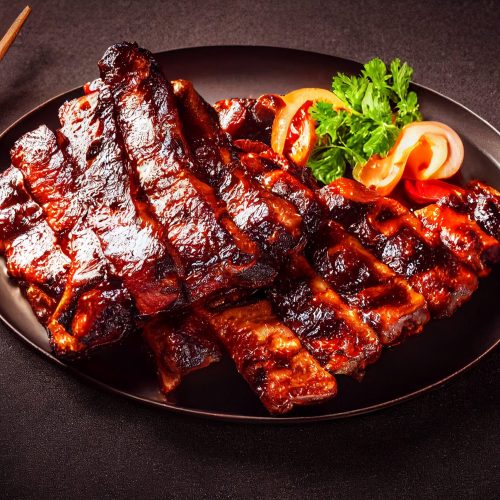 Pork ribs grilled with BBQ sauce and caramelized in honey. Spicy barbecued pork ribs served with BBQ sauce. A large steaming fragrant piece of baked beef brisket on the ribs